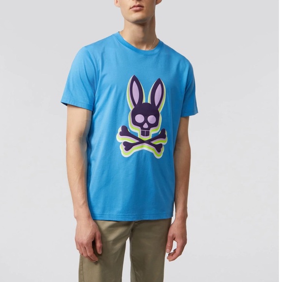 PSYCHO BUNNY PIMA COTTON GRAPHIC T-SHIRT BLUE GREEN MENS NEW WITH TAGS - Picture 1 of 6